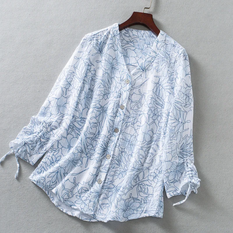 

2021 Spring Design New Women Chic Long Sleeve V-Neck Fashion Light Blue Floral Print Patchwork Casual Shirts Blouse