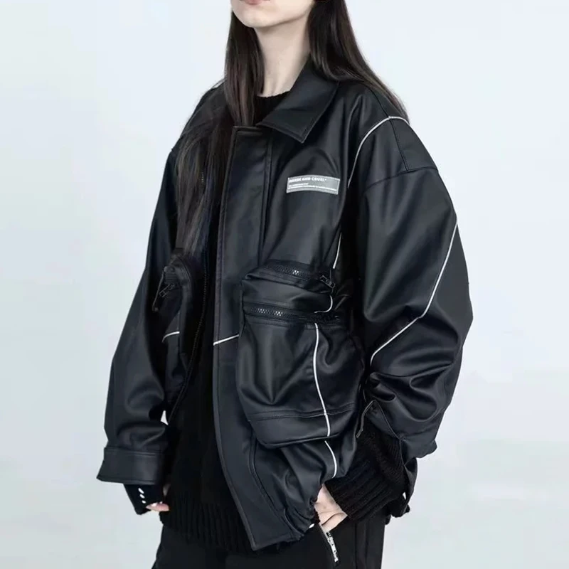 Женская кожаная куртка в стиле сафари на осень и зиму свободная Светоотражающая