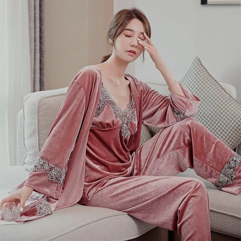 Женские велюровые 4 шт. халат пижама темно красная кимоно с v образным вырезом