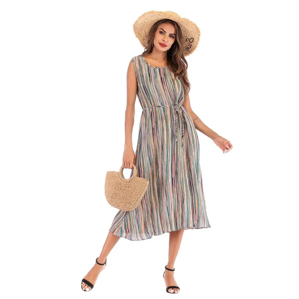 

Ladies New Round Neck Stripe Printed Sleeveless Vest Dress Color Striped Costume Dress