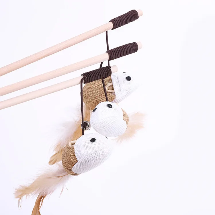 

Wooden pole funny cat toy original wooden handmade feather bell mouse pet cat