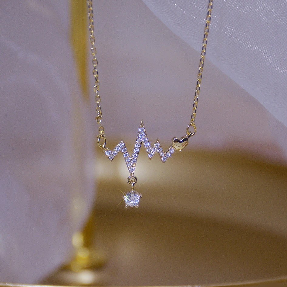 

Cute ECG Heart Beat Pendant with Bling Zircon Stone 14K Gold Long Chain Necklace for Women Fashion Jewelry Trend 2021