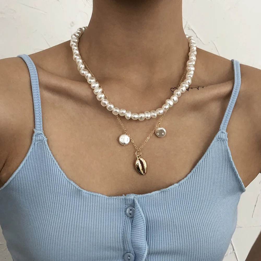 

Irregular Imitation Pearls Clavicle Chain Alloy Shell Pendant Necklace for Women Layered Necklaces Female 2021 Fashion New