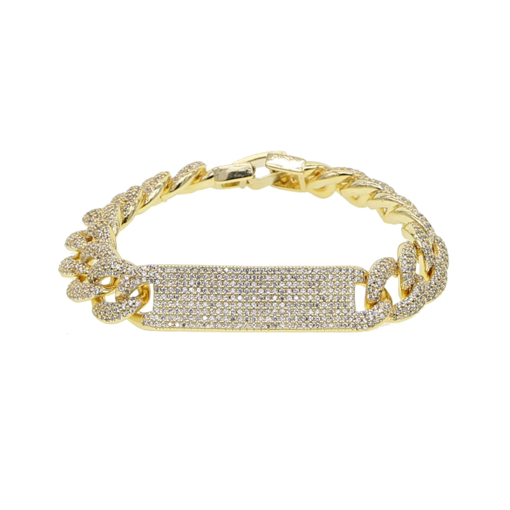 Золотой цвет Для женщин и мужчин iced out bling micro pave cz квадратный бар очарование Снаряженная кубинская цепь браслет 17 см рок хип хоп ювелирные изделия - Окраска металла: Золотой цвет