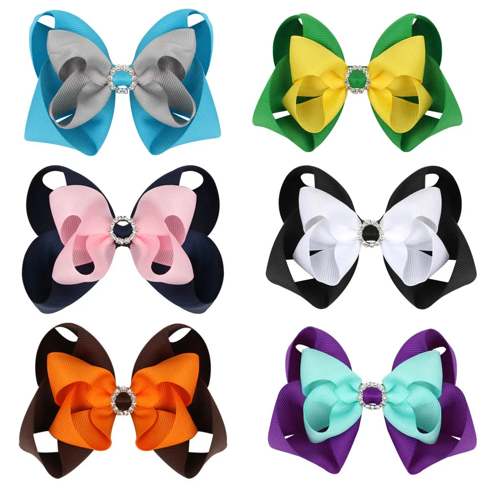 

6 PCS 6 " Girls Hair Bow Clips Ribbon Double Diamond Ring Hairpins Barrettes For Baby Girls Alligator Clip Hair Accessories