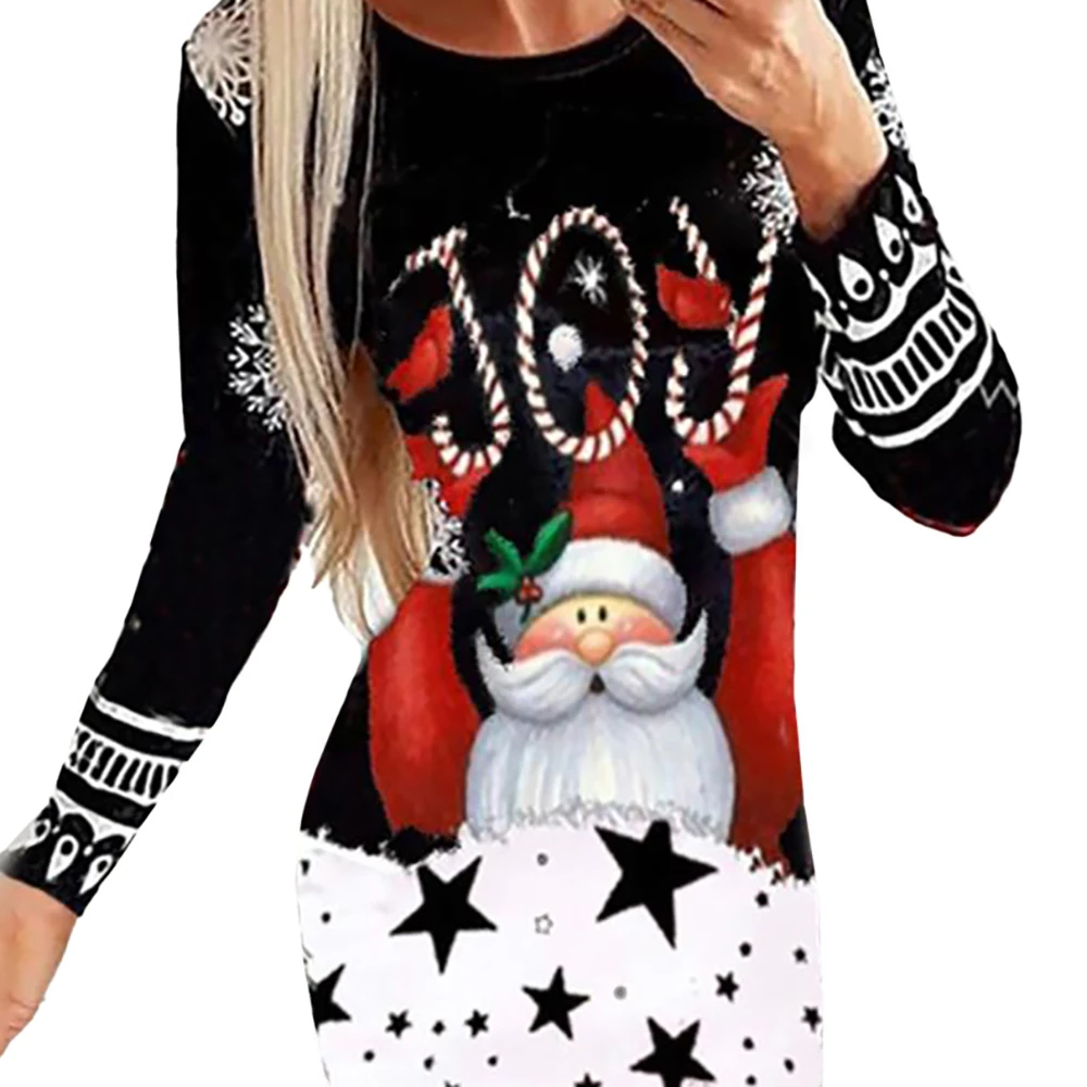 

Christmas Women Dresses Santa Claus Print Long Sleeve New Year Casual Slim Fit Bodycon Round Neck Vestidos Xmas Party Mini Dress