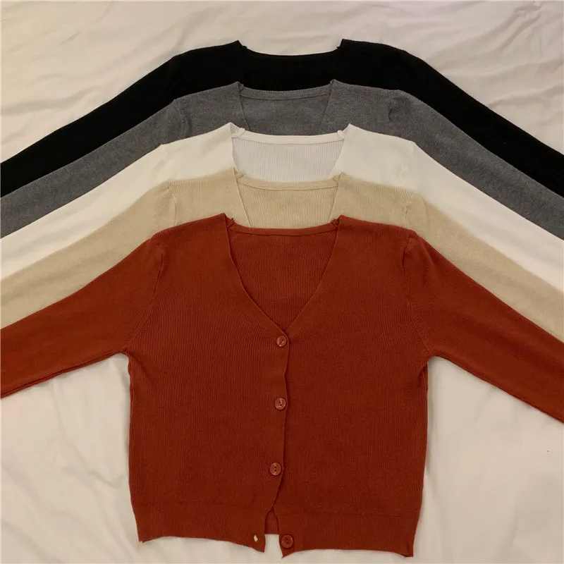 

Long Sleeve Sunscreen Cardigan Knitted V Neck Sweater Women Korean Style Solid Color Cardigan Jacket Tops Summer 2020