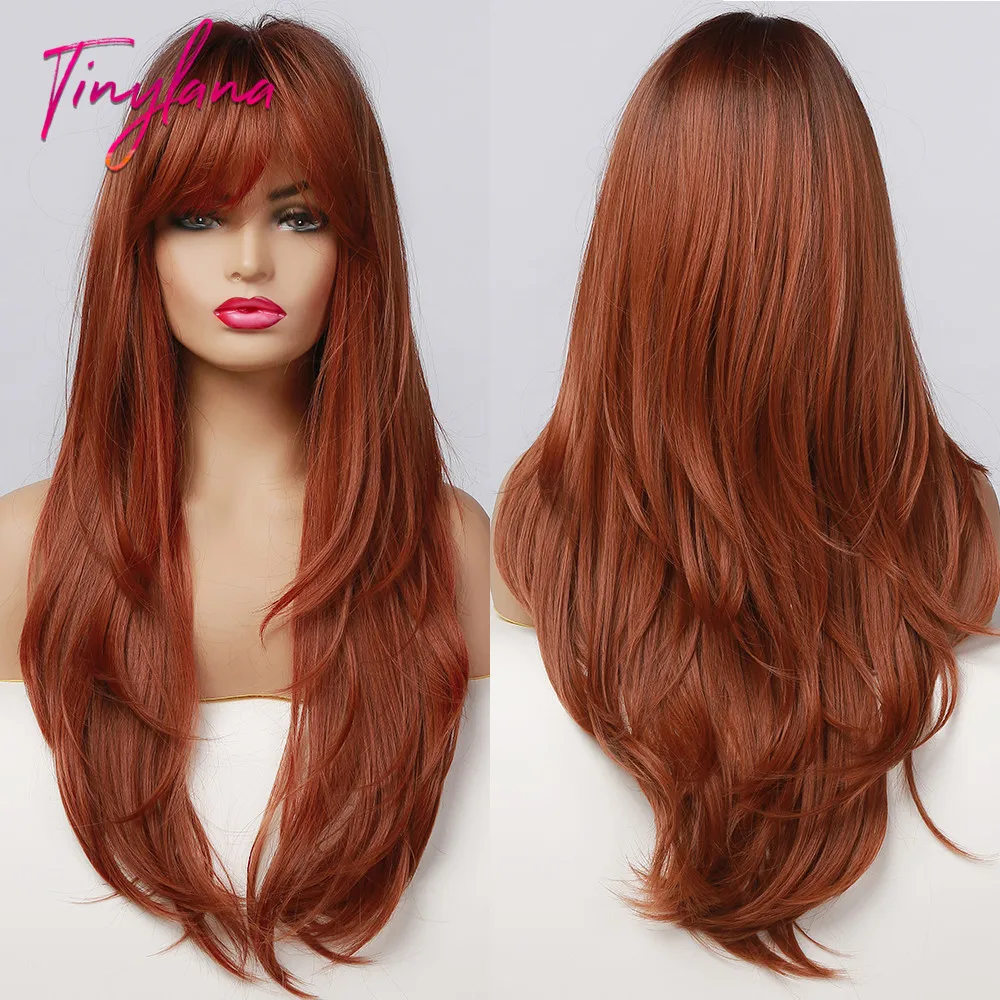 

TINY LANA Ombre Black to Red Brown Synthetic Wigs with Bangs Long Natural Wave Heat Resistant Fiber Cosplay Wigs for Black Women