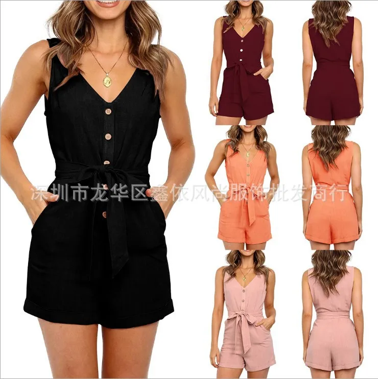 

2022 spring new women's button belt V-neck strapless jumpsuit women