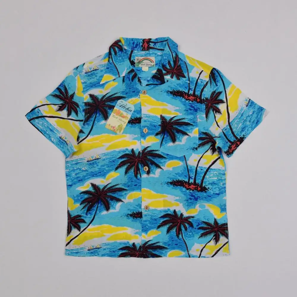 

DONG Sky BOB Blue Ocean Hawaiian Shirts Coconut Palm Sailboat Print Holiday Tee