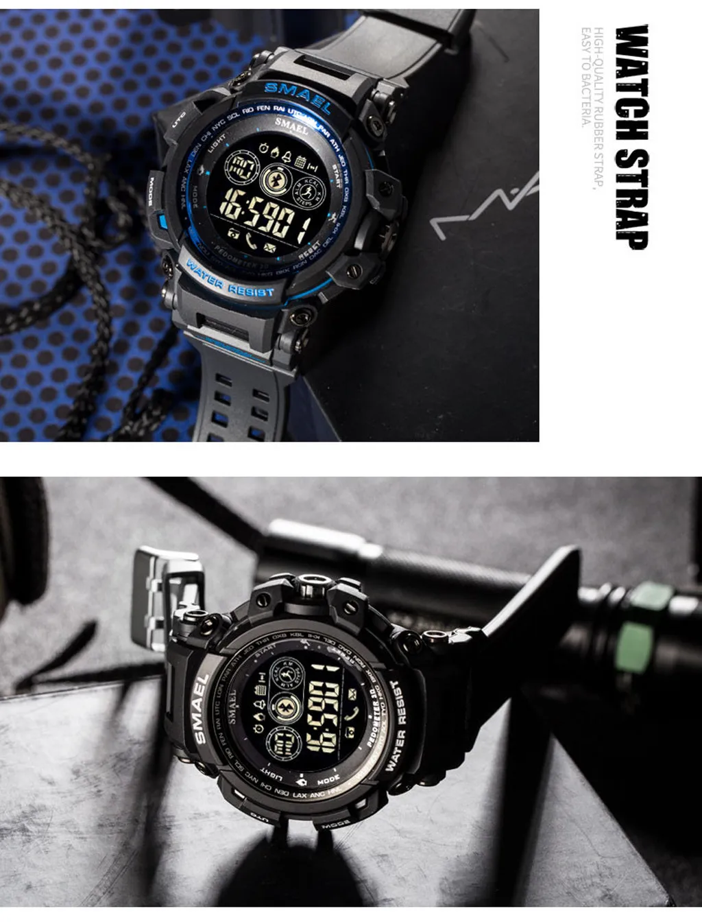 

Top Fashion Smart Watch Waterproof Bluetooth Outdoor Sport Military Strap Automatic Date Wrist watch LED Android IOS Phone Clock