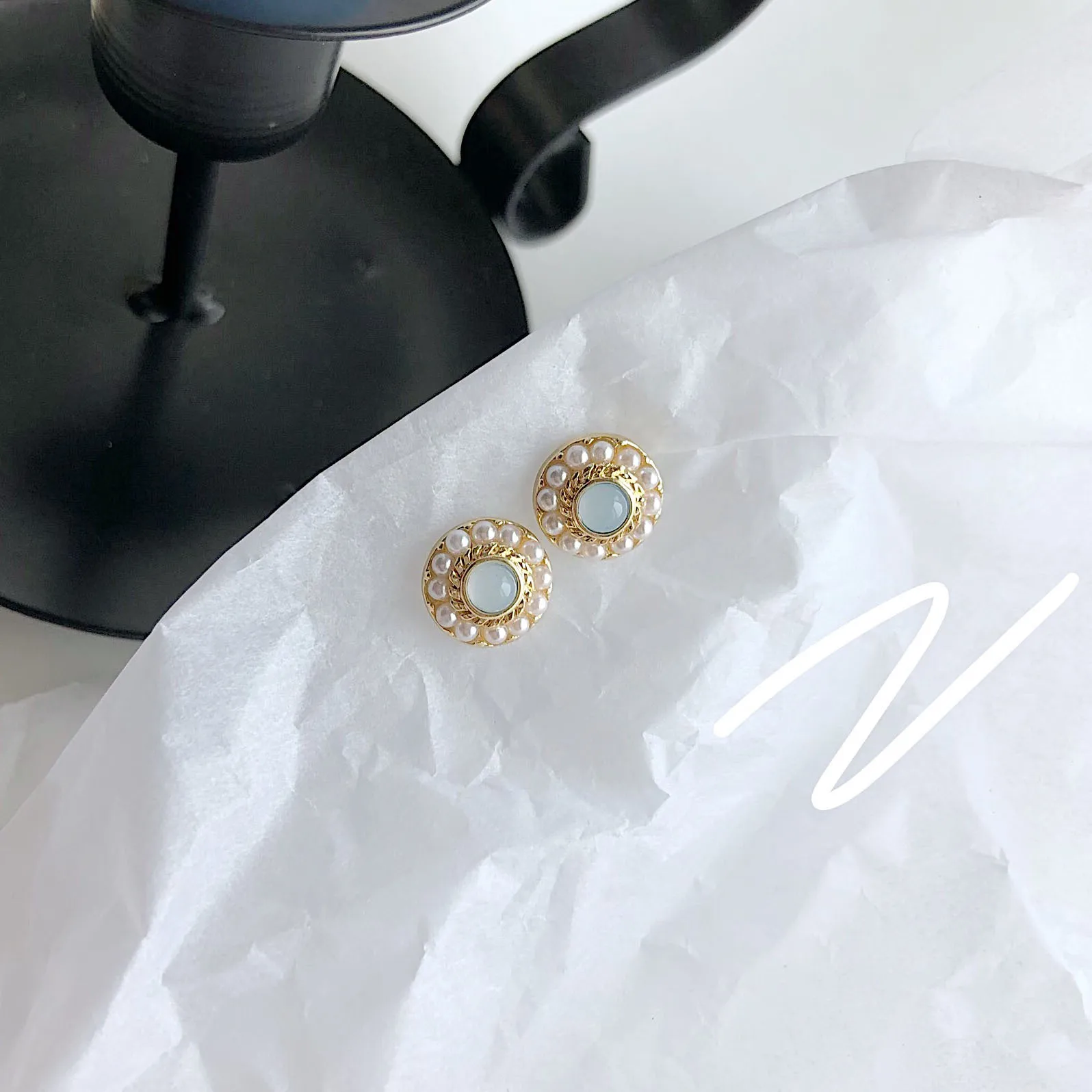 Корейские романтические серьги гвоздики с круглым опалом и жемчугом