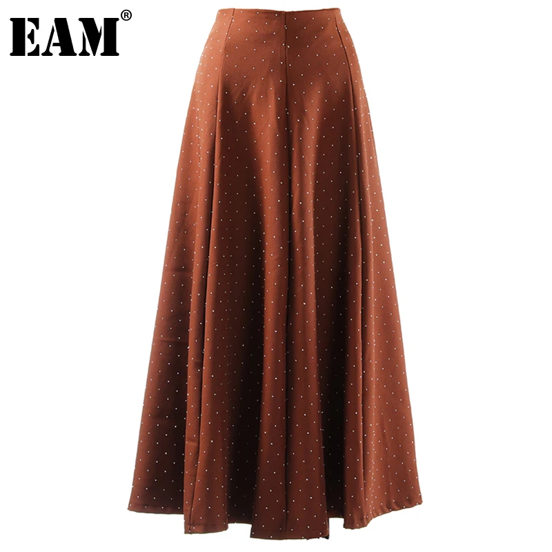 

[EAM] High Waist Brown Rhinestone Spliced Vintage Long A-line Half-body Skirt Women Fashion Tide New Spring Autumn 2022 1DE3608