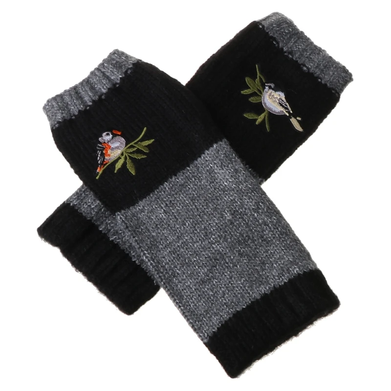 

Women Winter Knitted Fingerless Gloves Bird Embroidered Color Block Splice Half Finger Mittens Outdoor Driving Thumb Hol