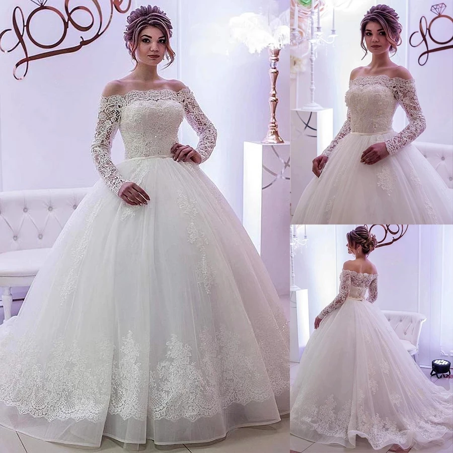 

Elegant Tulle Off-the-shoulder Neckline Ball Gown Wedding Dresses 2021 Long Sleeves Crystals Bridal Gown abiti da sposa