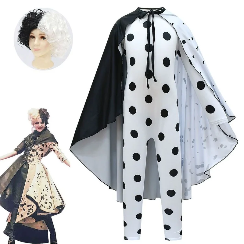 

Movie Evil Madame Cruella De Vil Cosplay Costume Kids Gown Black White Princess Dress Halloween Party Clothing with Cloak Wig