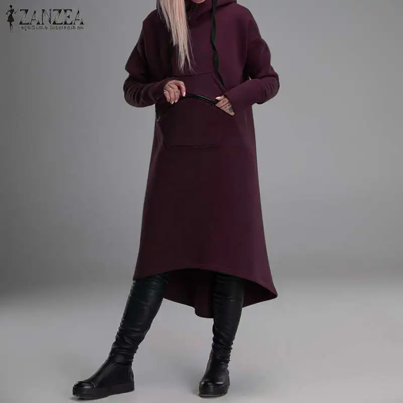 Бургундия Модное асимметричное платье с капюшоном, женские свитшоты,, ZANZEA, повседневные, с длинным рукавом, миди, Vestidos, пуловеры, женская одежда с капюшоном - Цвет: Бургундия