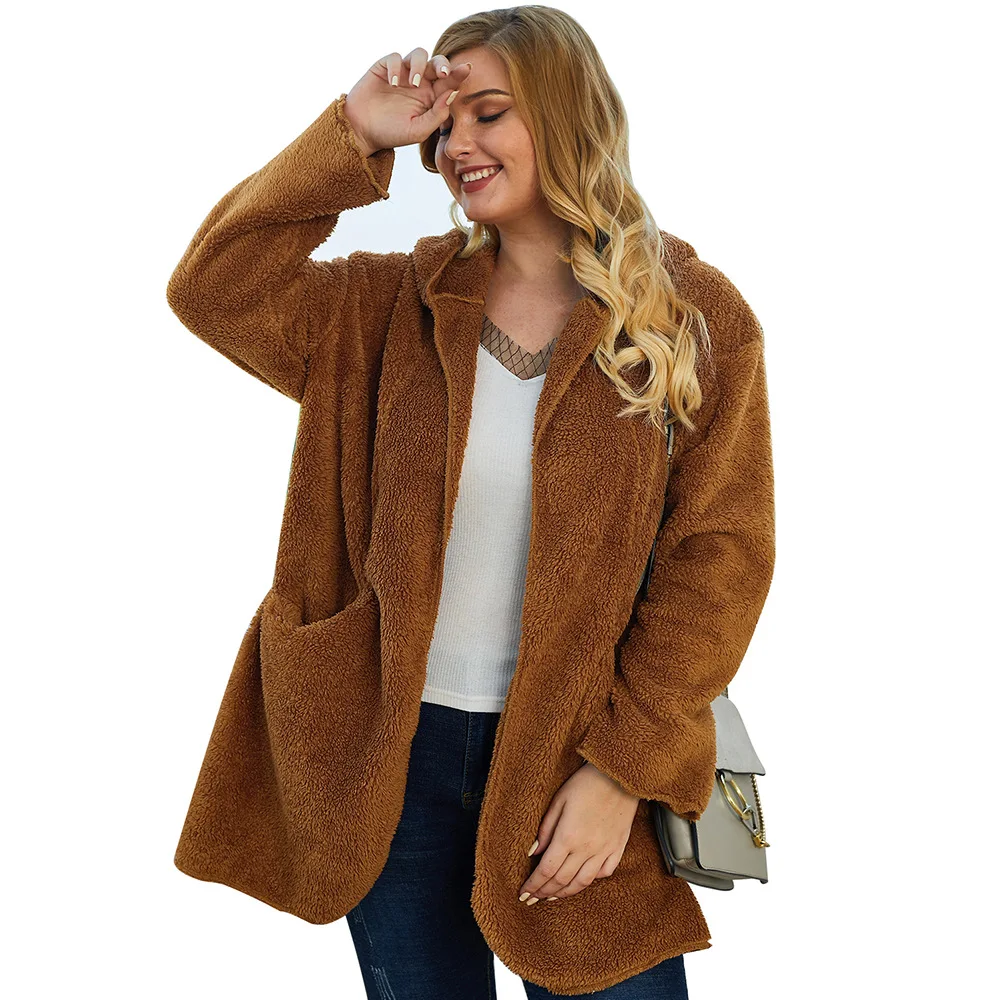 Женская Толстая плюшевая одежда Коричневое Пальто размера плюс с капюшоном и