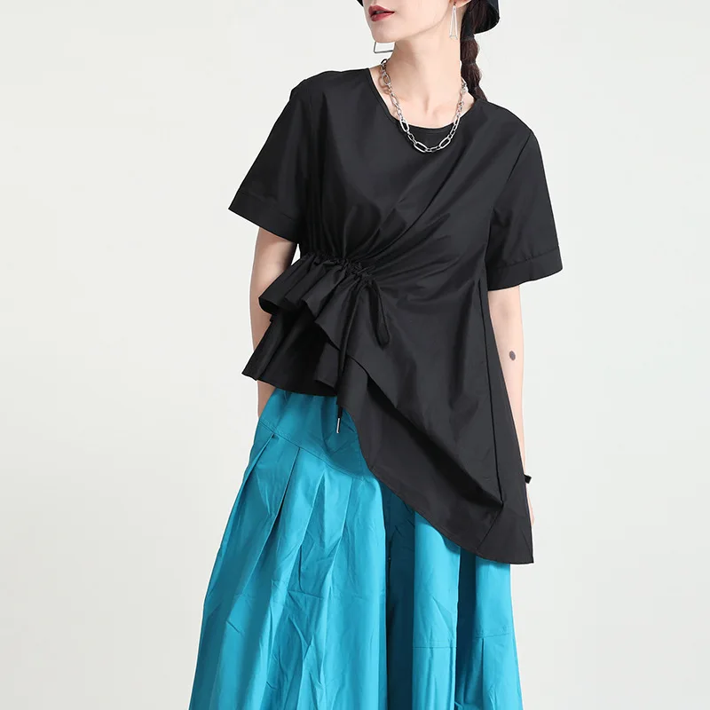 

2021 New Summer Tops Mujer Street Trend O Neck Pullover Loose Solid Color Ruffles Patched Drawstring Asymmetrical Blouse Women