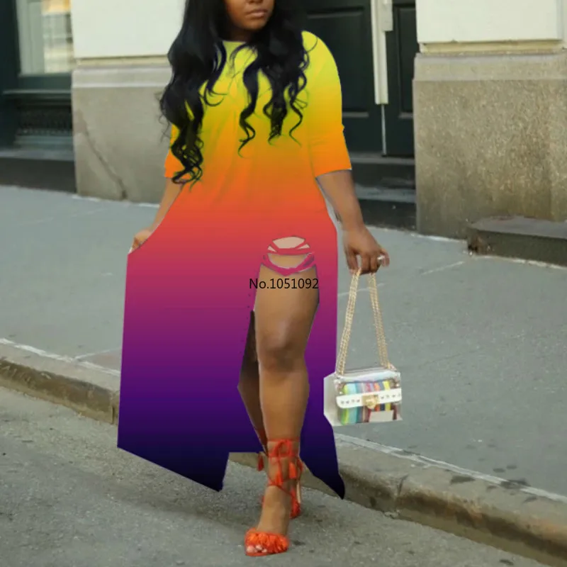 Женское летнее платье с градиентным принтом рукав три четверти высоким разрезом