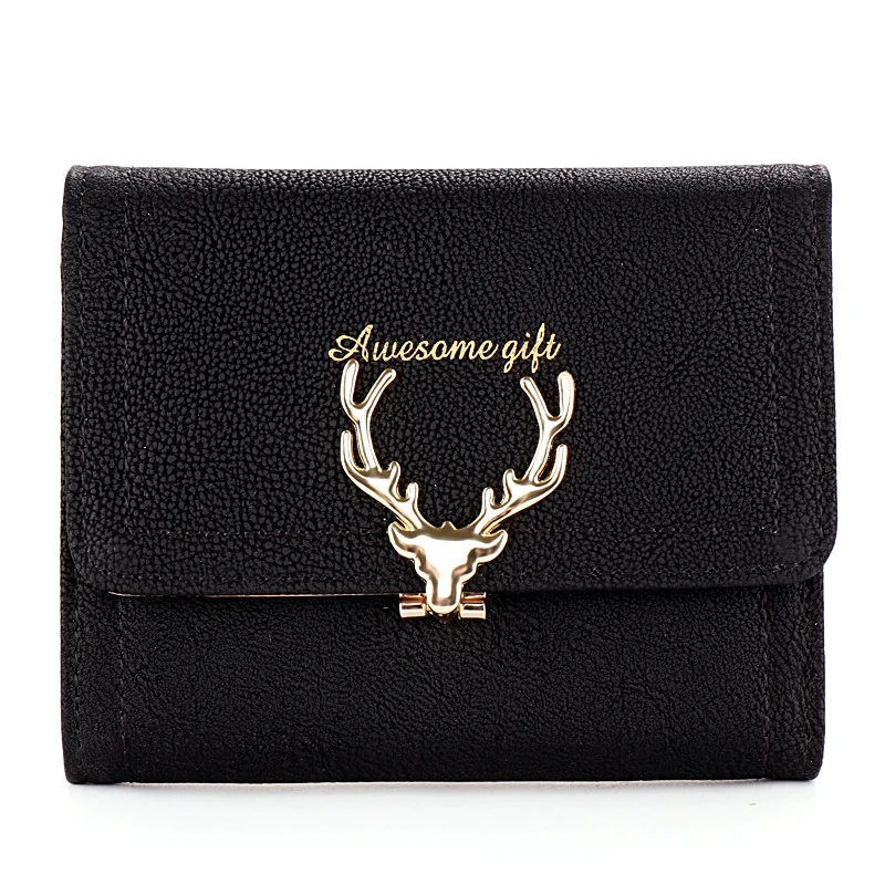 

Deer Head Matte Leather Wallet For Women Large Capacity Short Clutch Purse Ladies Cute Three Fold Card Holder With Coin Pocket