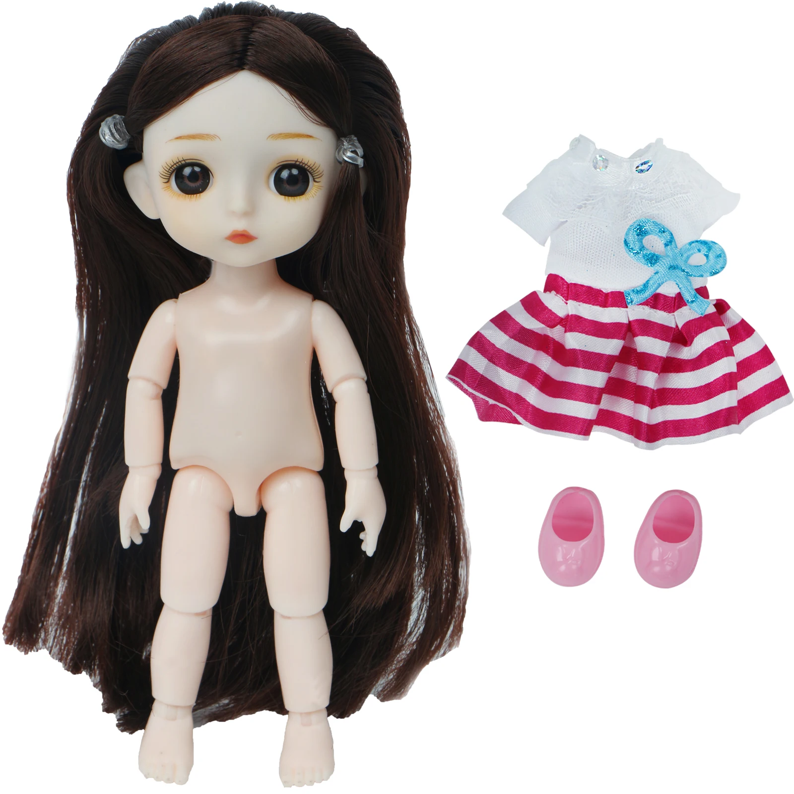 Кукла 16 см с 13 подвижными шарнирами без одежды черная прямые кукольные волосы в