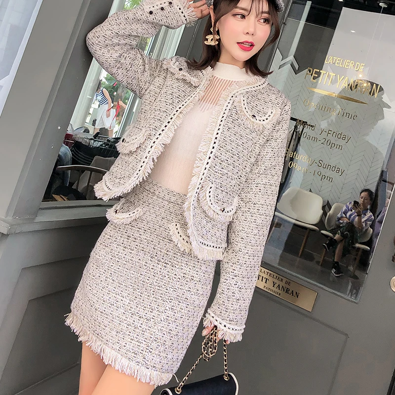 Для женщин Верхняя одежда из двух частей осень зима новые Твидовые костюмы