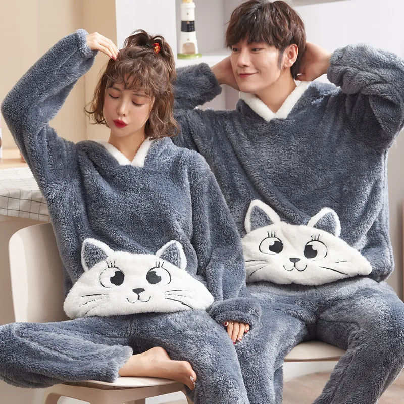 

Winter Couple Pajama Fleece Plus Size Warm Cartoon Hooded Men's Flannel Home Clothes Suit Sets Christmas New Year's Pajamas