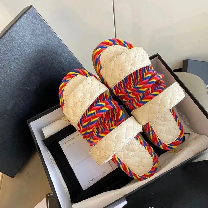 구매 로프 검투사 슬리퍼 럭셔리 디자인 여성 여름 틈새 아울렛 여성 비치 샌들 정품 가죽 파티 드레스 슈즈 여성 2