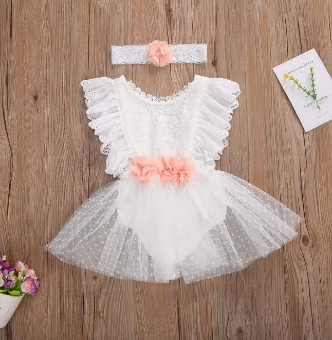 

Baby Girls White Romper Infant Sleeveless Lace Flower One-Piece Round Neck Romper Headwear 0-24 Months