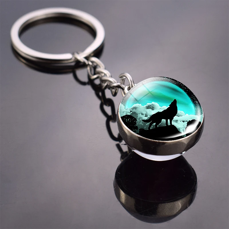 Glow in Dark Jewelry Howling Wolf Keychain Wolf Luminous Glass Cabochon Pendant Keyring Double Side Glass Ball Keychain