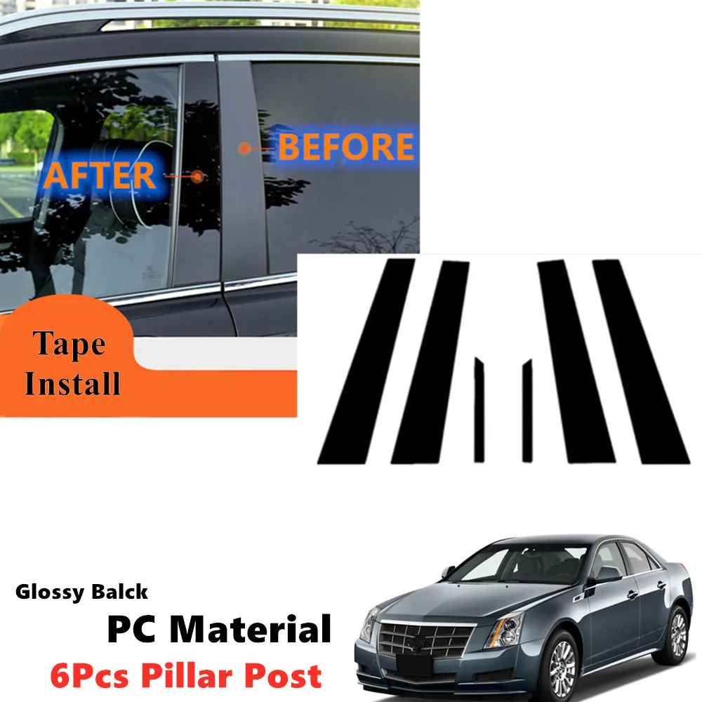 Decal Cover Gloss Black PC 6Pcs Kit Fit For Cadillac CTS Saloon 2008-2013 Side Door Window Pillar Posts Piano Black Post Trim