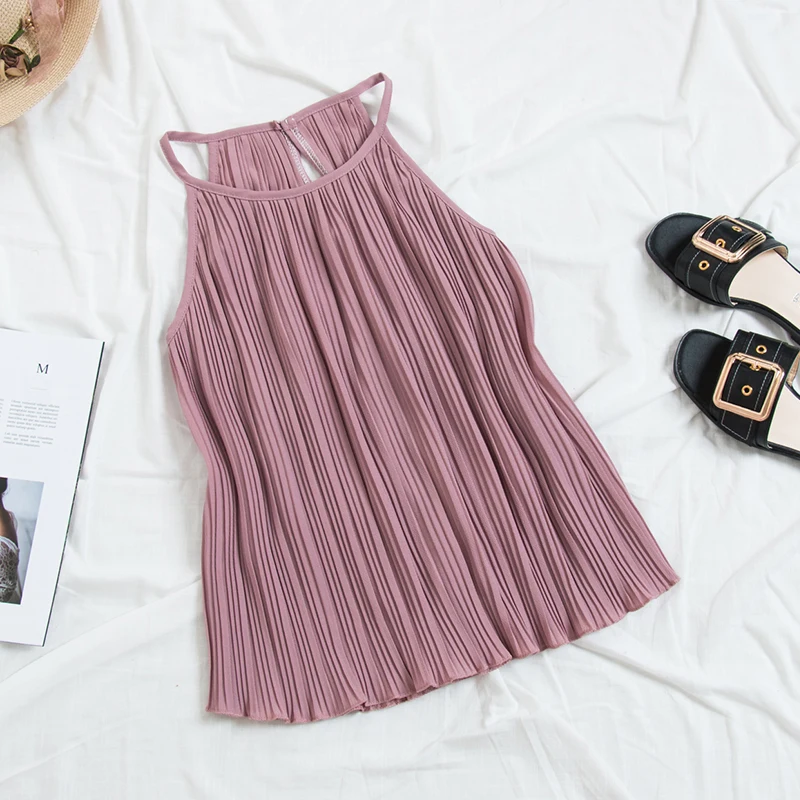 

Women Summer Women Vintage Halter Tops Pleated Tank Top Women Elegant Chiffon Camisole Female Slim Cute Tops