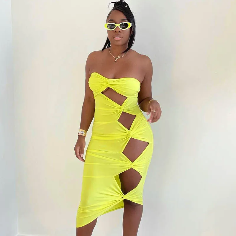

Sexy Women Dress Hollow Out Ruched Bodycon Sexy Streetwear Solid Color Summer Clothes For Women Outfit