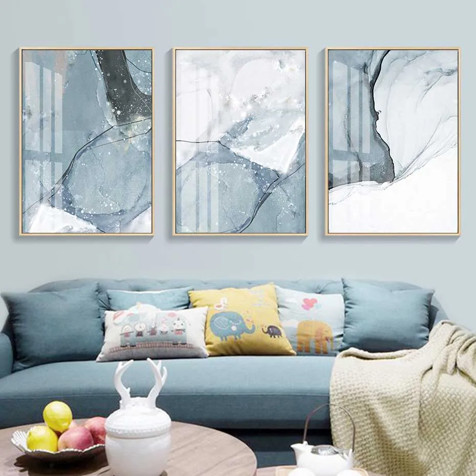 

Abstract Marble Light Blue Black Canvas Print Paintings Nordic Poster Wall Art Pictures On Canvas Living Room Home Decor