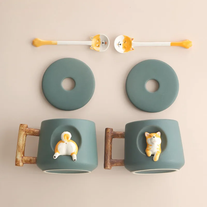 

Kawaii Cute Shiba Inu Ceramic Mug Set Nordic Mugs Coffe Cups Ceramic Travel with Lid and Spoon Gift for Children Lovers