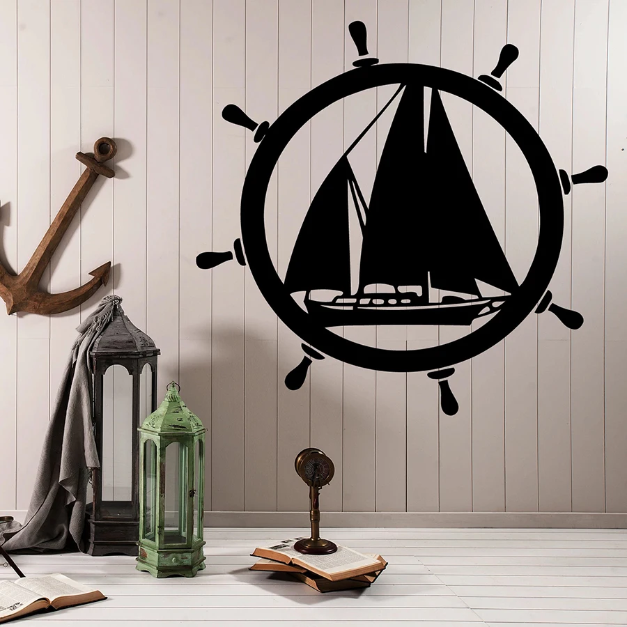 Виниловые наклейки для окон стикерные на стену с рулем и морским судном