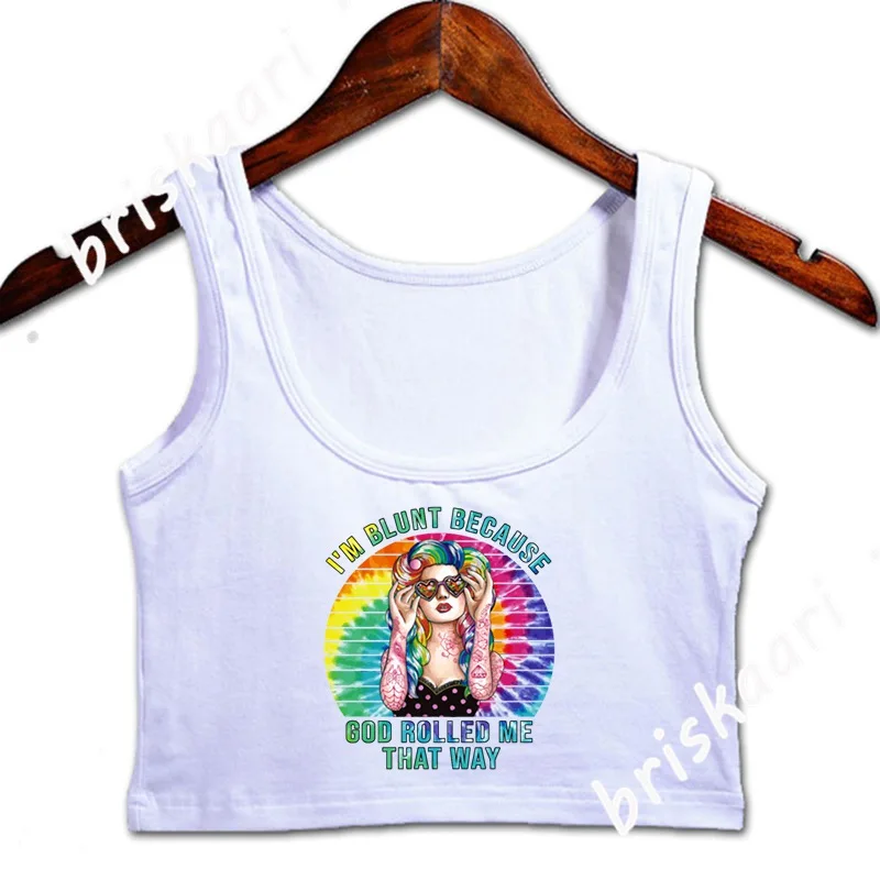 Укороченный топ в стиле хиппи с надписью I Blunt потому что Бог свернул меня этом