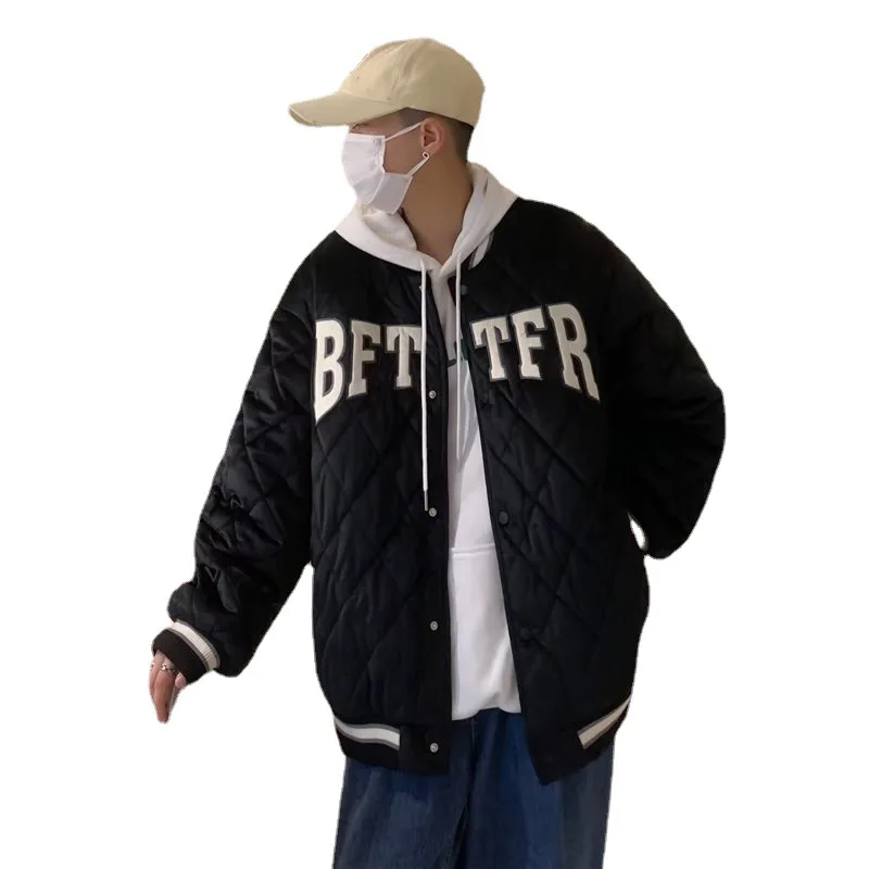 Men's Fashion Diamond Cotton Jacket Tide Brand Ins Autumn and Winter Loose Thickening Couple Baseball Uniform Jacket Winter Coat