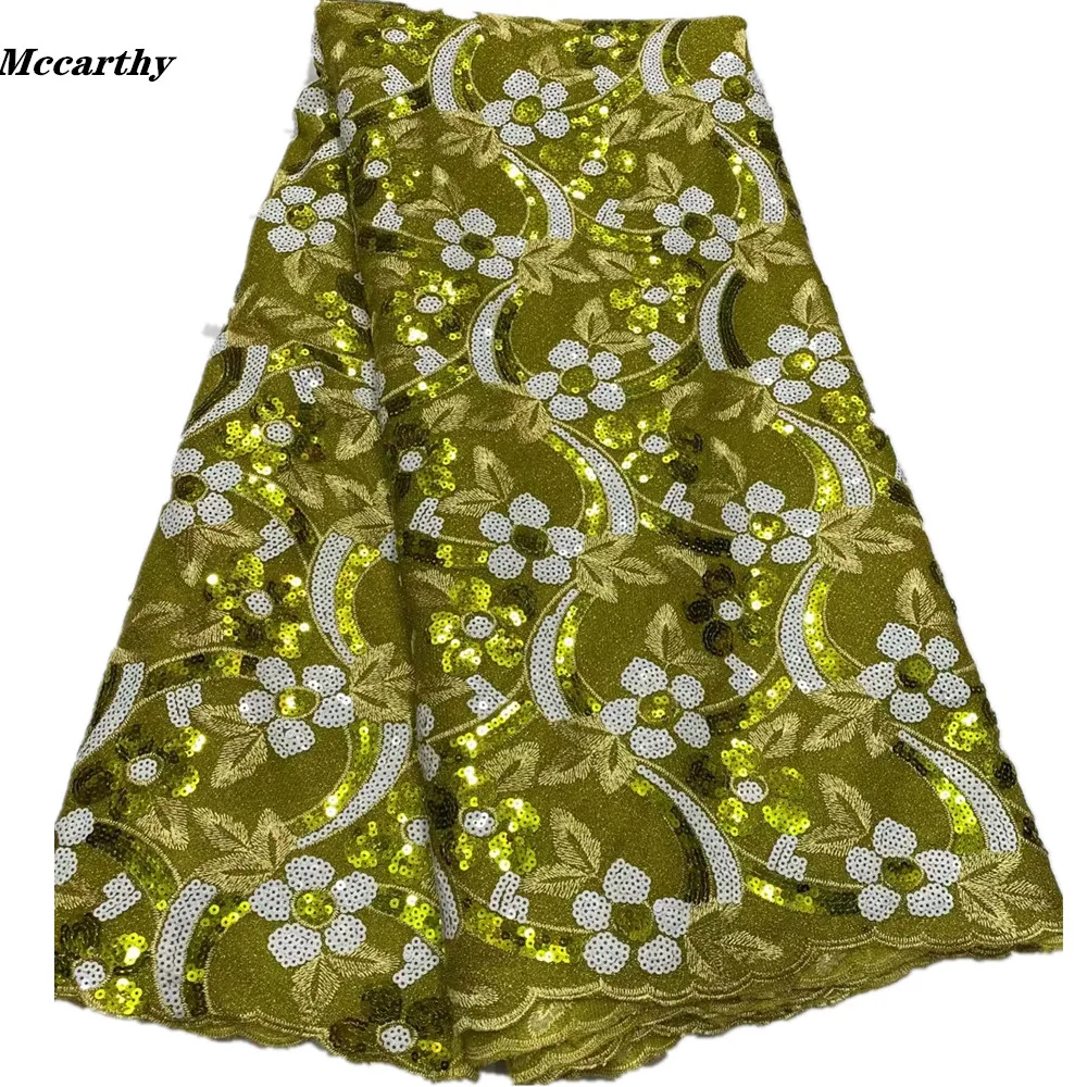 

Mccarthy Green African Mesh Lace Fabric With Sequins Nigerian French Lace Fabric 5Yards Embroidery Tulle For Wedding Dress