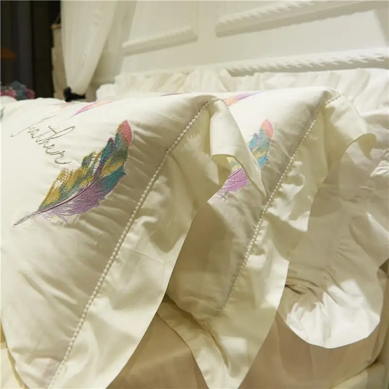 

42 White color Girls Women Bedding set Queen/King Size Cotton Embroidered Feather Bed set Duvet cover Bed room set pillowcases