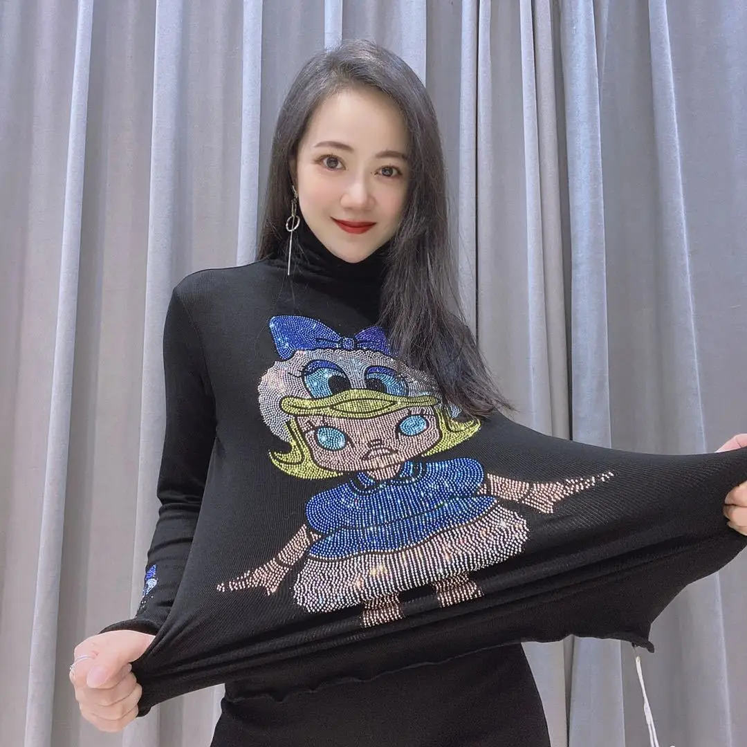 

Autumn and Winter High Elastic Thin Slim High Collar Bottom Shirt, Heavy Industry Hot Drill Black, Can Be Worn Outside, European