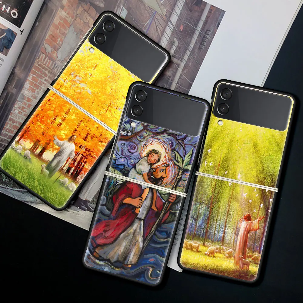 

Case For Samsung Galaxy Z Flip 3 Black Hard Phone Cover Z Flip3 5G Shockproof Bumper ZFlip 3 Shell Fundas Christianity God Jesus