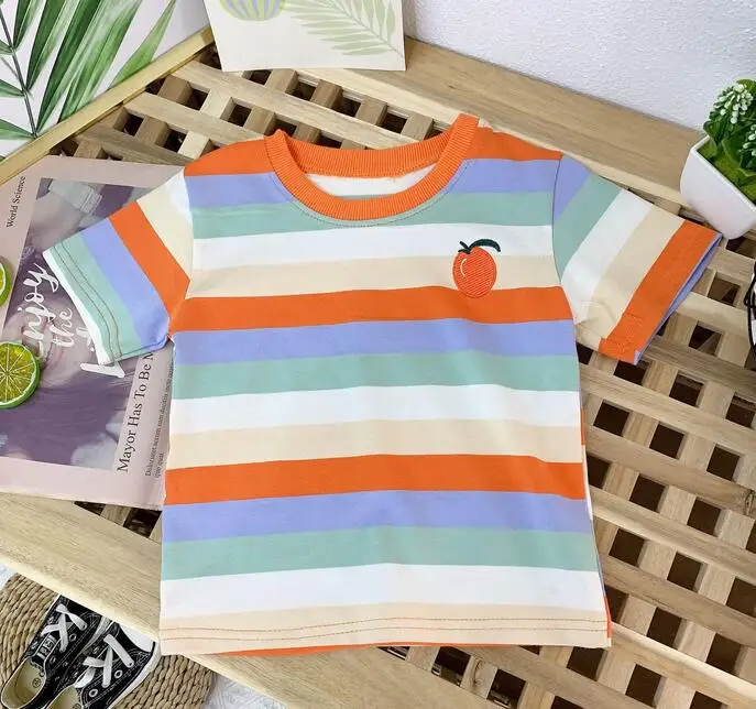 

Kid's Summer Rainbow Stripes Short Sleeve T-Shirt Round Collar Cartoons Cotton Blend Girl's Tops