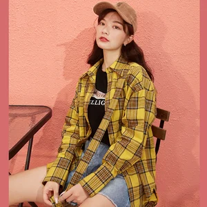 Женская однобортная рубашка в клетку ELFSACK, винтажная Корейская Повседневная рубашка в желтую клетку с длинным рукавом, осень 2020