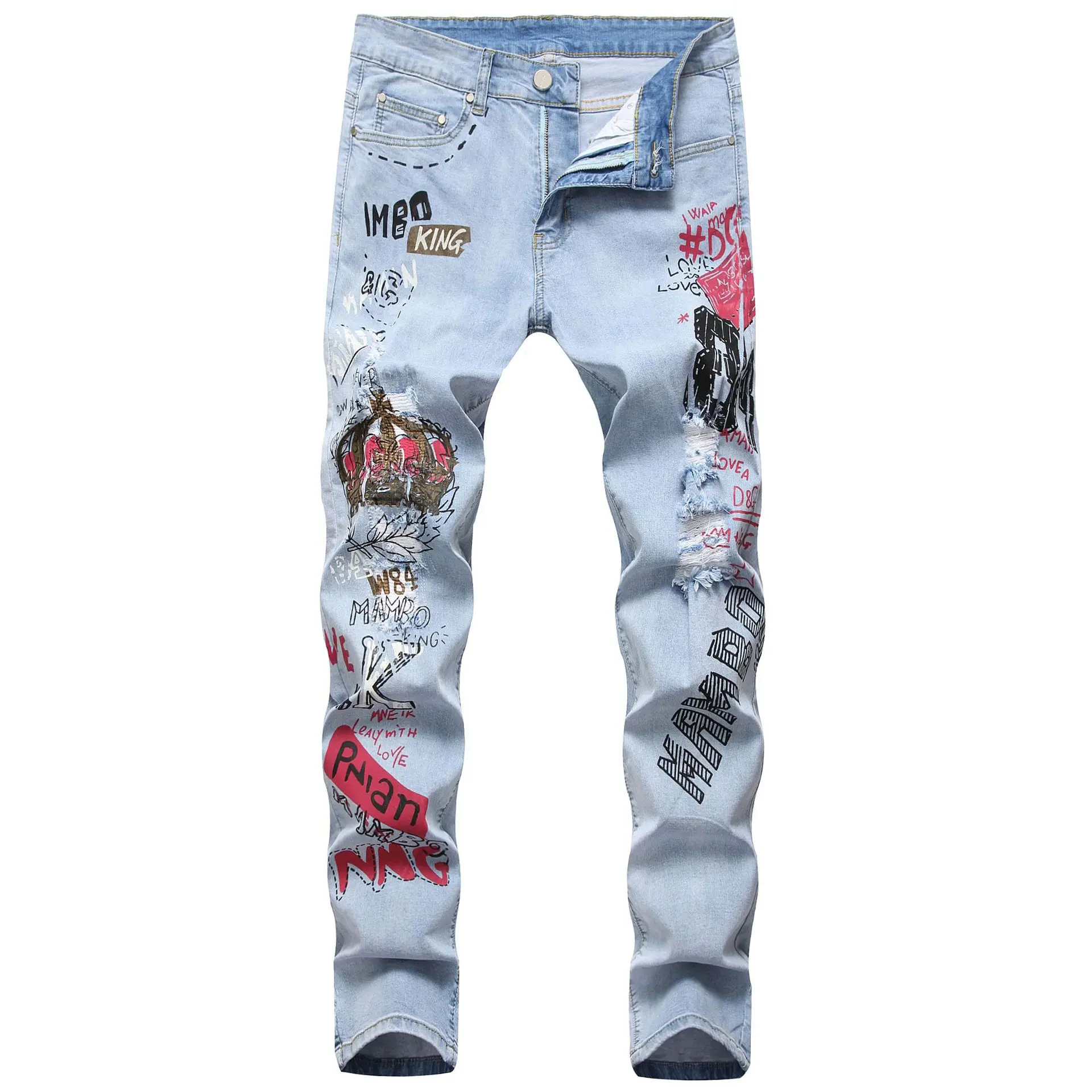

New street hip-hop trendy men's male light-colored hole embroidered denim pants high-end 3D printing king stretch jeans trousers