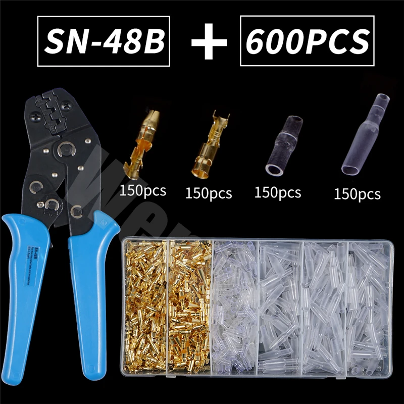 

600PCS Silver/Gold Bullet Terminals Motorcycle Crimp Terminals Electrical Wire Connectors Bullet Connectors SN48B Crimping Kit