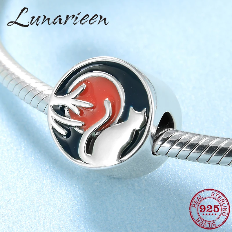 Новинка Стерлинговое Серебро 925 пробы осень урожай кот закат эмаль амулеты