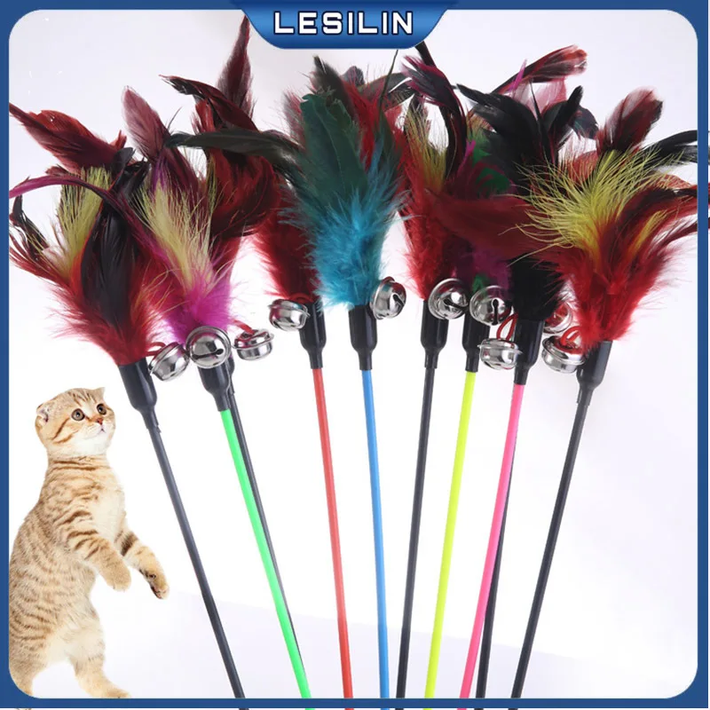 

5pcs Hot Sale Cat Toys Random Color Make A Cat Stick Feather Black Coloured Pole Like Birds With Small Bell Natural