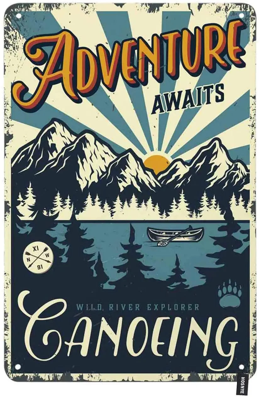 

Adventure Awaits Tin Sign Poster with Canoe Boat on Forest and Mountains Landscape Vintage Metal Tin Signs for Men Wall Art